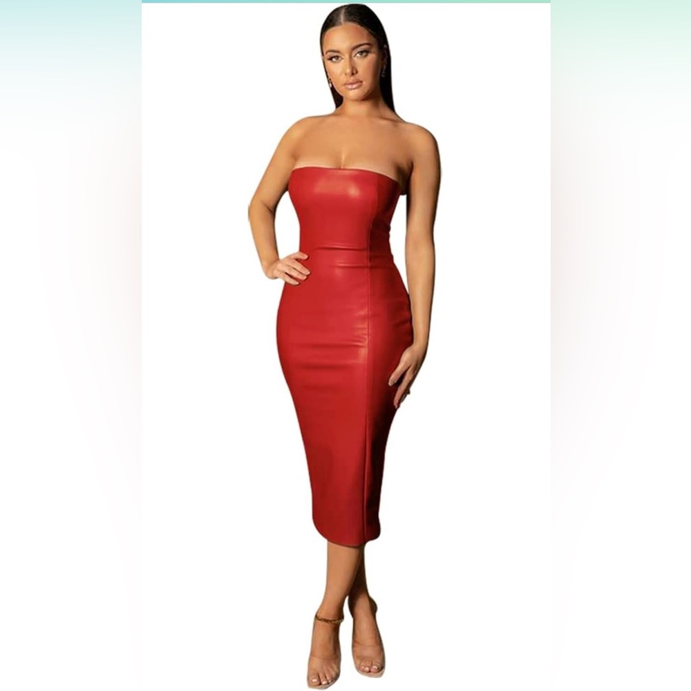Sexy and form fitting red vegan leather strapless dress